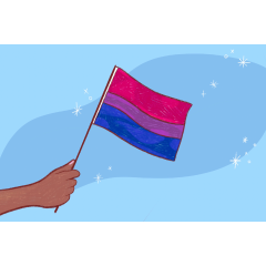 an illustrated hand holding a bisexual flag (pink, purple, and blue)